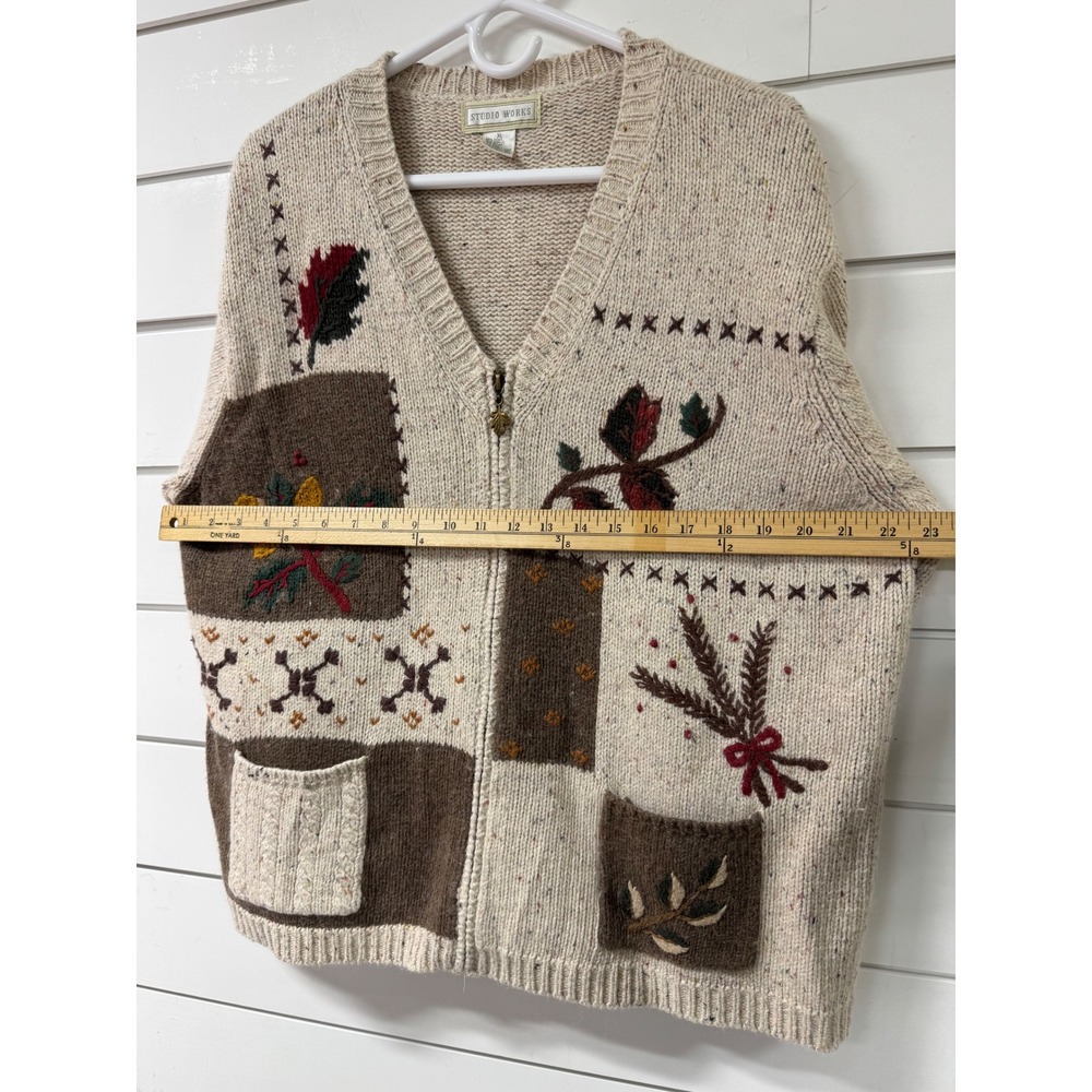 Studio Works Vintage Oatmeal Speckled Fall Patchwork Zip Cardigan Sweater XL - Picture 4 of 9